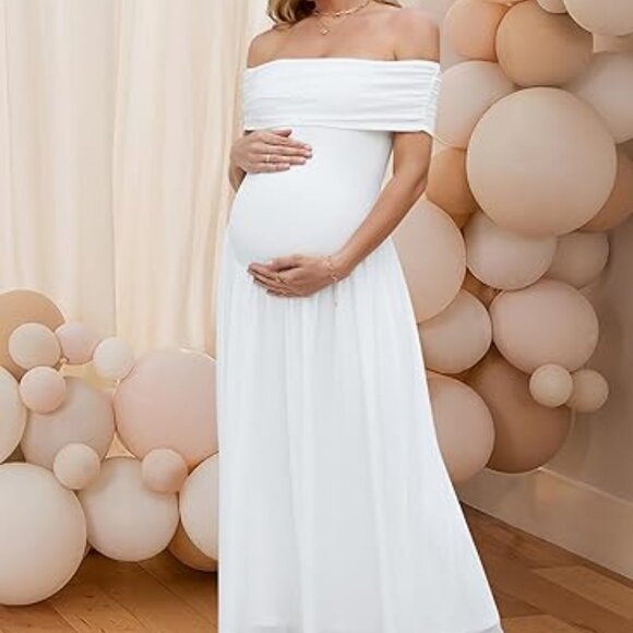 OUGES Women's 2025 Off The Shoulder Mesh Maxi Maternity Dress for Photoshoot - Picture 3 of 6